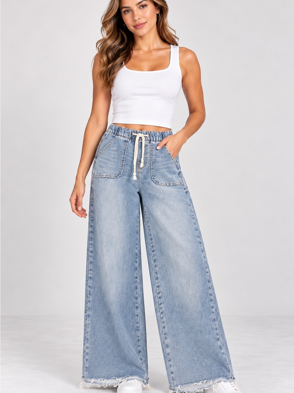 Rewash Light Blue Wide Leg Denim Jeans with Drawstring Waist